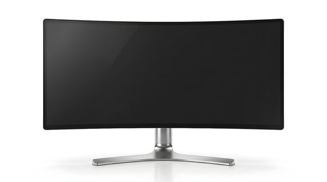 Curved computer monitor with blank dark screen on silver metallic stand