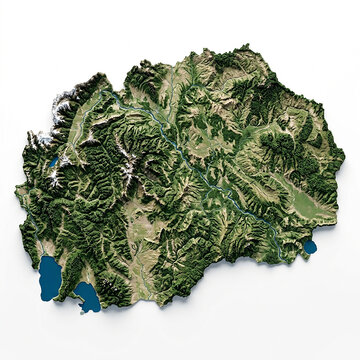 High resolution satellite view of the republic of north macedonia showing terrain and geography on white background
