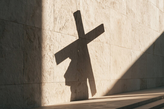 Conceptual shadow of Jesus Christ carrying the cross on a modern stone wall, lent background