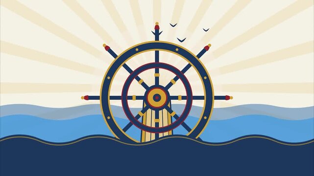 Columbus day nautical ship wheel steering on blue ocean waves flat graphic animation motion background for holiday celebration and history education