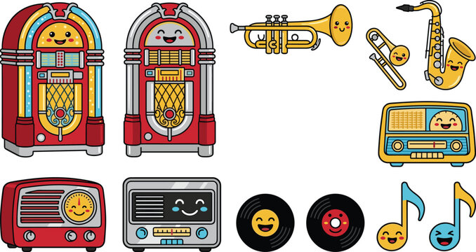 Cute Kawaii Vintage Retro Music Vector Set featuring Smiling Jukebox Radio Trumpet Saxophone and Vinyl Record Character Designs