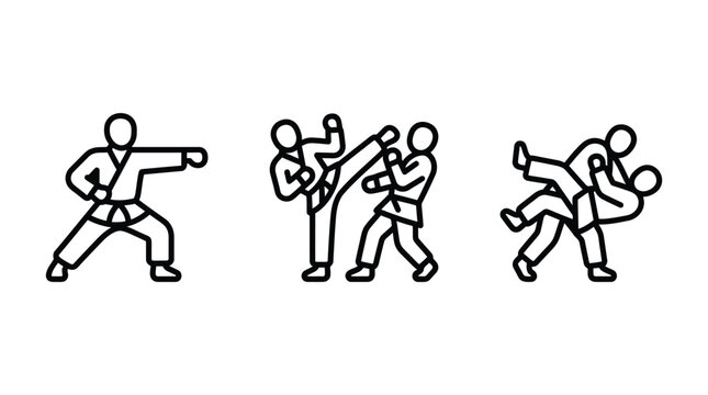 Karate martial arts vector graphic illustration showing three different combat poses with bold black outlines 