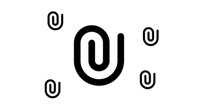 Zoom in and out animation the paperclip symbol. Large black symbol in the center and four small symbols around. Seamless looped 4k animation on white background