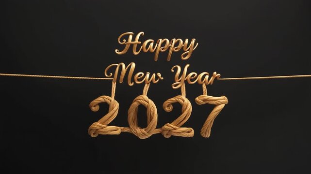 Happy New Year 2027 Hanging Golden Script Typography and Braided Rope Numbers Celebration Animation
