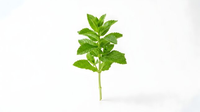 Fresh green mint herb sprig isolated on a pure white background