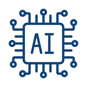 Blue artificial intelligence chip icon with integrated circuit board lines transparent background