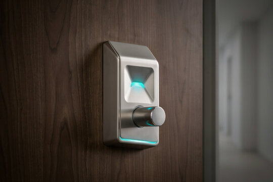 A modern electronic door lock with a metallic finish and a glowing blue light strip mounted on a dark walnut wood door in a bright hallway