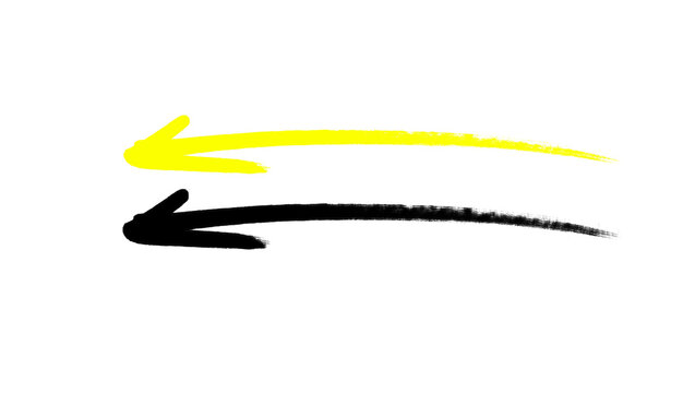 Hand drawn yellow and black arrow pointing left, a bold marker brush stroke direction symbol isolated on a clean white background, a set of two arrows stacked together, with a natural hand made look, 
