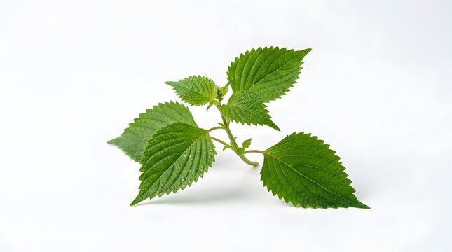 Fresh green perilla leaves isolated on a plain white background
