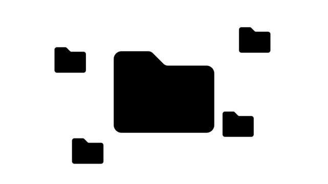 Zoom in and out animation the folder symbol. Large black symbol in the center and four small symbols around. Seamless looped 4k animation on white background