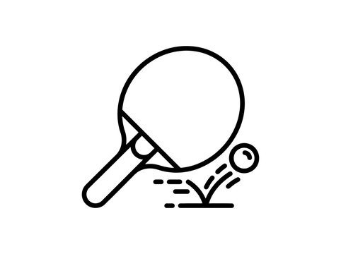 Table tennis racket hitting a bouncing ball with speed lines in simple outline style