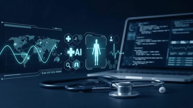 Stethoscope with digital AI healthcare interface and medical laptop sc