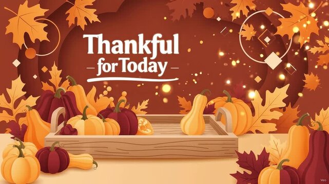 Autumn background with wooden tray pumpkins and colorful fall leaves featuring the text thankful for today