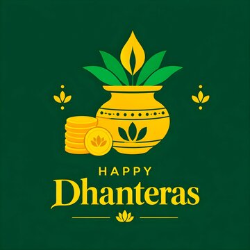 Happy dhanteras gold pot with decorative leaves and stack of coins for festival greeting