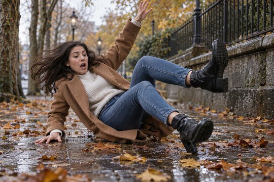 Young woman slipping on wet autumn sidewalk with fallen leaves, losing balance in rainy city park after accidental fall, personal injury, accident risk, safety and insurance concept