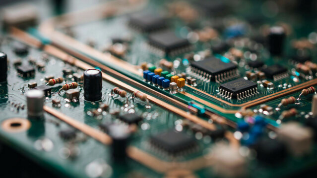 Close up of a green electronic circuit board with integrated circuits, resistors, and copper traces visible in a tech hardware device