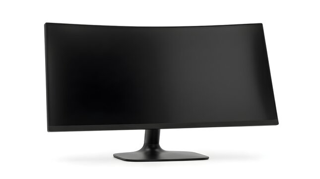 Modern Curved Computer Monitor with Blank Black Screen on White Background