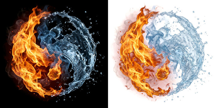 Png of yin and yang symbol made of fire and water elements, representing balance and duality, presented on both black and transparent backgrounds