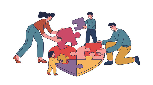 Family members working together to assemble a heart shaped jigsaw puzzle illustration.