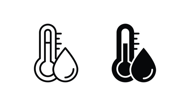Digital vector illustration showing thermometer and water drop icons for measuring humidity levels in simple black line art graphic style