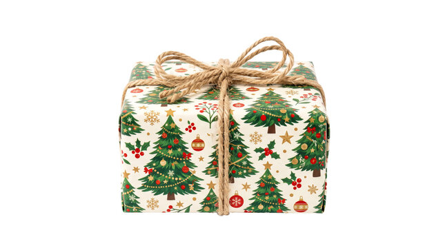 Christmas gift box wrapped in festive tree pattern paper, holiday present with natural jute twine bow, rustic winter seasonal packaging isolated PNG with Transparent Background