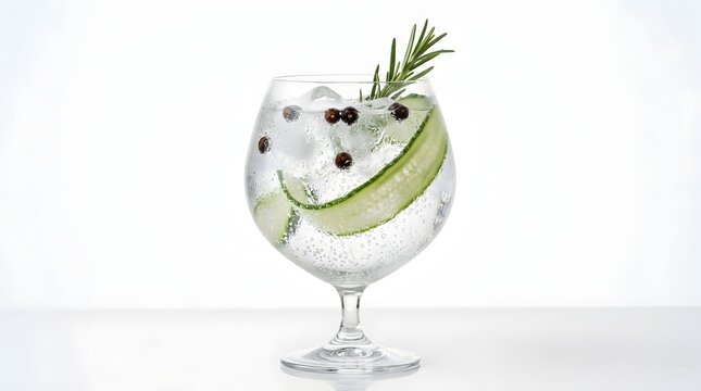 Refreshing gin and tonic cocktail with cucumber slice and rosemary sprig