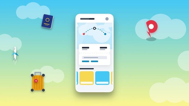 Mobile app interface displaying global flight booking with travel icons and location pins