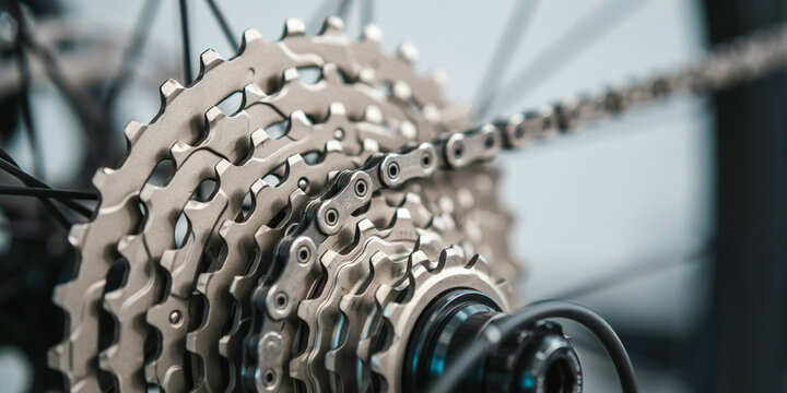 Close up view of a bicycle gear cassette and metal chain showing the mechanical components of a mountain bike drivetrain in a workshop setting