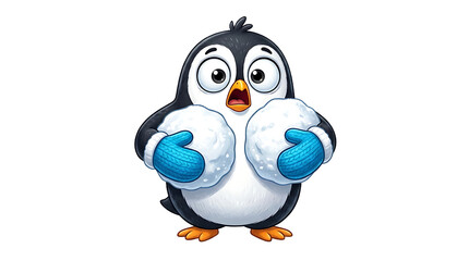 Obraz premium Surprised cartoon penguin holding snowballs on a transparent background cute winter illustration