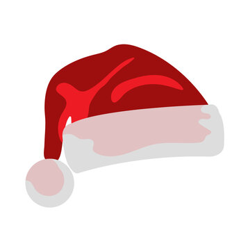 Isolated red christmas santa claus hat with white fluffy trim and pompom transparent background