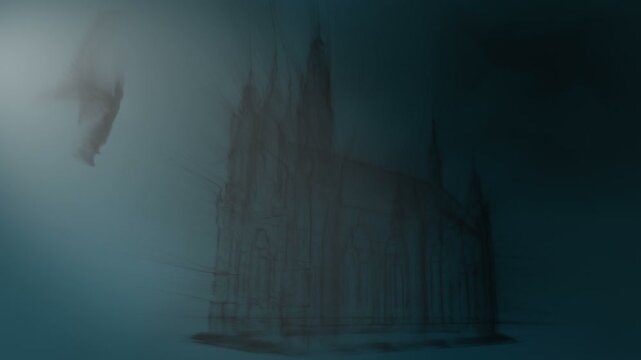 Dark fantasy 3d animation of a gothic cathedral with a winged demon in front of it, built with particles