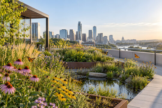 Urban Rooftop Pollinator Garden with Wildflowers and Rainwater Basin for Sustainable City Biodiversity