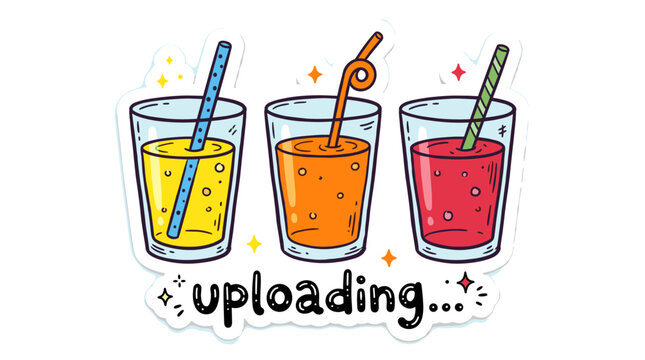 Three juice glasses with straws and uploading text.