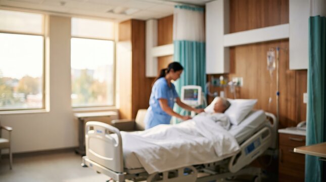 A compassionate female nurse in blue scrubs caring for an elderly patient lying in a hospital bed in a bright modern medical room with large windows, intravenous drip, and monitoring equipment.