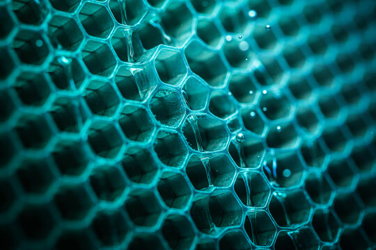 Macro close up view of a teal colored honeycomb structure with hexagonal cells and small water droplets resting on the surface texture