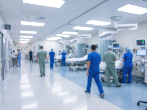 Busy hospital emergency room corridor with medical staff in scrubs walking and working around patient beds, modern healthcare facility interior, clinical setting, professional photography