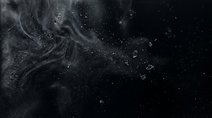 Obraz premium Black smoke with floating white dust particles and glowing light sparks in dark atmosphere