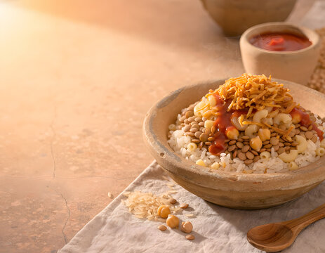 Egyptian Koshari in a Rustic Clay Bowl Layered with Lentils and Fried Onions