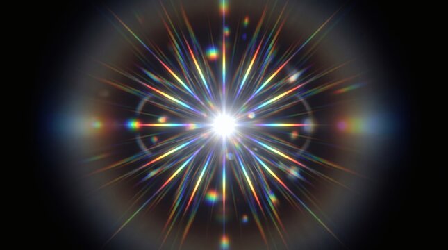 Prismatic optical crystal starlight flare burst with multicolored rainbow diffraction rays on dark background, luminous spectrum flash. Elegant scientific gemstone refraction wallpaper.
