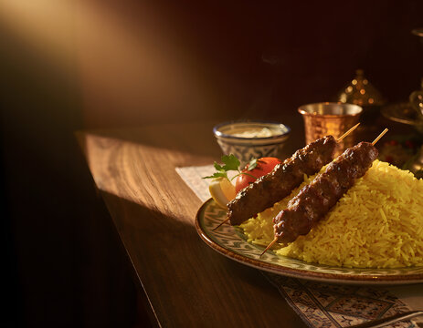 Iranian Chelo Kebab Skewers Served Over Fluffy Saffron Rice