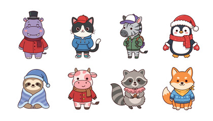 Obraz premium Cute cartoon animal characters collection featuring a hippo, cat, zebra, penguin, sloth, cow, raccoon, and fox wearing winter clothes.Print