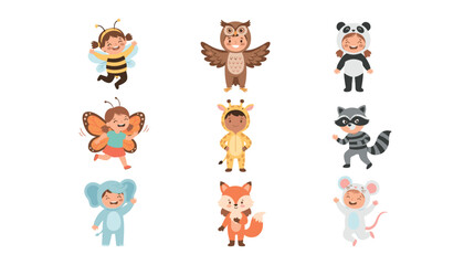 Fototapeta premium Cute cartoon children collection wearing animal costumes including bee, owl, panda, butterfly, giraffe, raccoon, elephant, fox, and mouse.