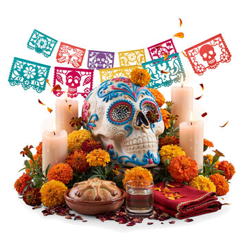 Day of the Dead traditional ofrenda altar with ornate sugar skull, pan de muerto, mezcal shot glass, marigolds, and papel picado banners   