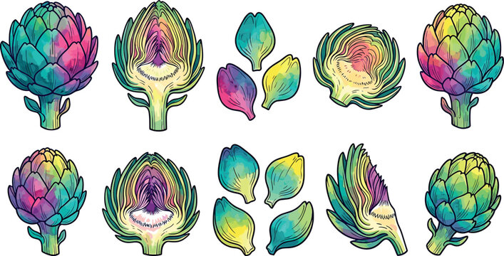 Watercolor artichoke vector collection featuring colorful whole vegetables half slices isolated leaves and detailed botanical elements