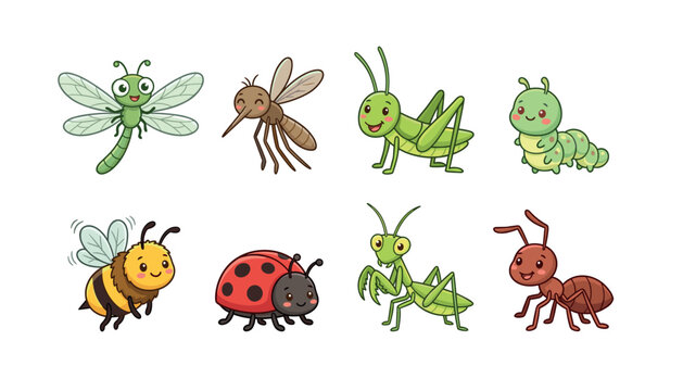 Cute cartoon insects vector set including butterfly grasshopper caterpillar bumblebee ladybug mantis ant mosquito isolated on white backgroundPrint
