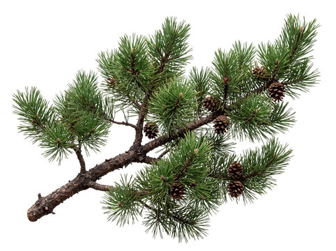 Single pine tree branch decorated with small brown cones evergreen isolated background botanical woodland seasonal