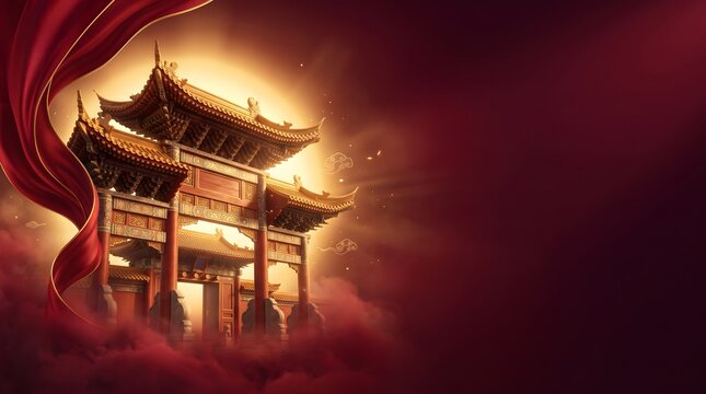 Traditional chinese gate architecture with red silk with festive oriental atmosphere