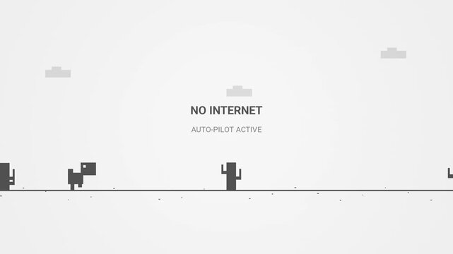 Monochrome Pixel Art Dinosaur Character Jumping Over Cactus with No Internet Text in Endless Offline Game Animation