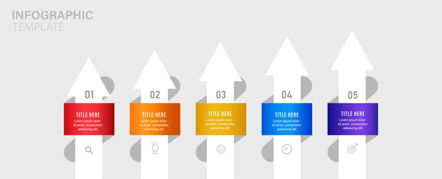 Horizontal 5 options colorful 3D vertical arrow card timeline infographic isolated on light background vector