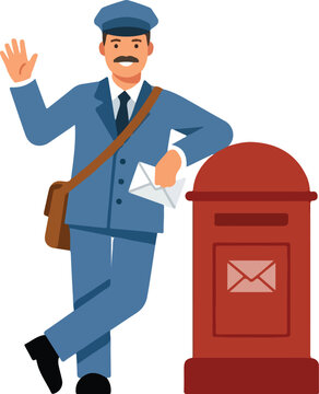 Friendly mailman waving hand holding letter next to red mailbox vector illustration